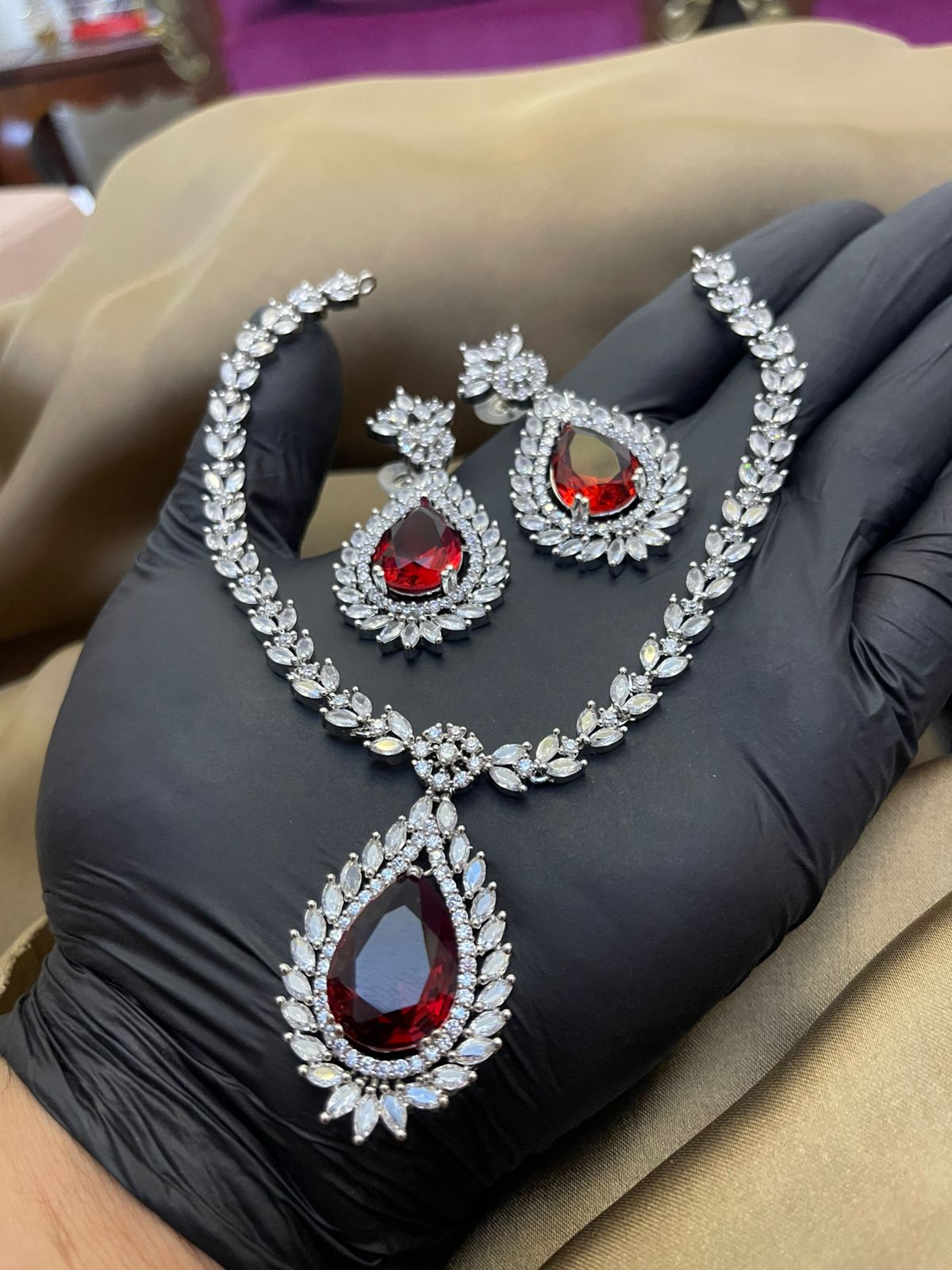 Premium Quality Deep Rhodium Plated Zircon Studded Necklace Set