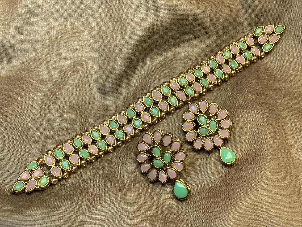 Premium Quality Golden Based Kundan And Colour Stone Studded Choker Set