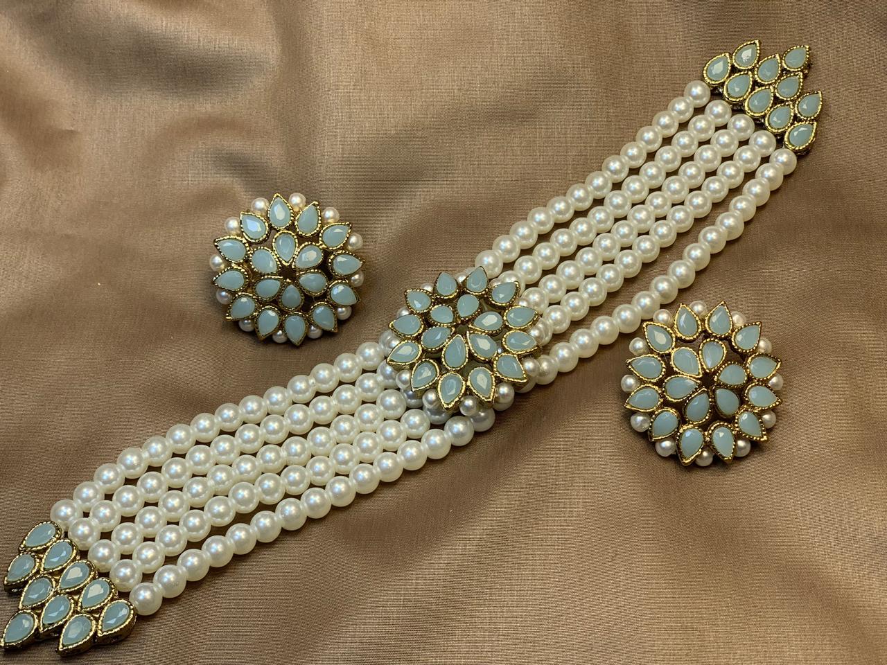 Premium Quality Golden Based Kundan And Colour Stone Choker Set With Pearl Bearings