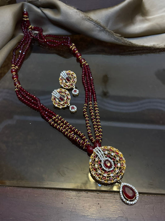 Premium Quality Gold And Rhodium Plated Zircons Studded Hand Beaded Fancy Mala Set