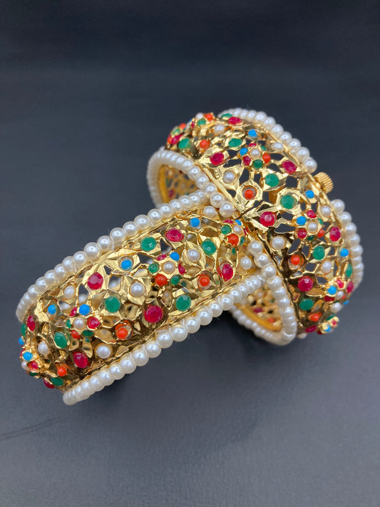 Gold Plated Hyderabadi Nauratan  Colour Stones Openable Bangle