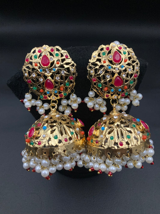 Gold Plated Hyderabadi Nauratan Jhumkay