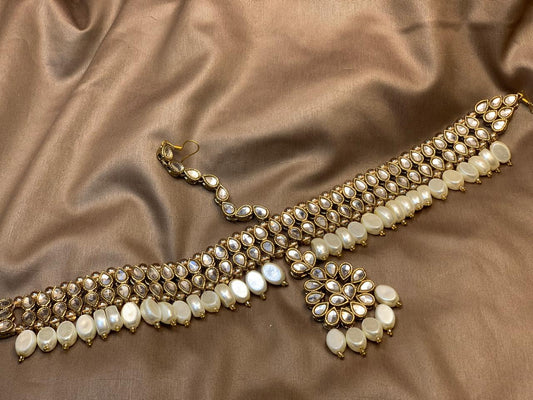 Premium Quality Golden Based Kundan Studded Customized Colour Beading Head Piece ( Matha Patti)