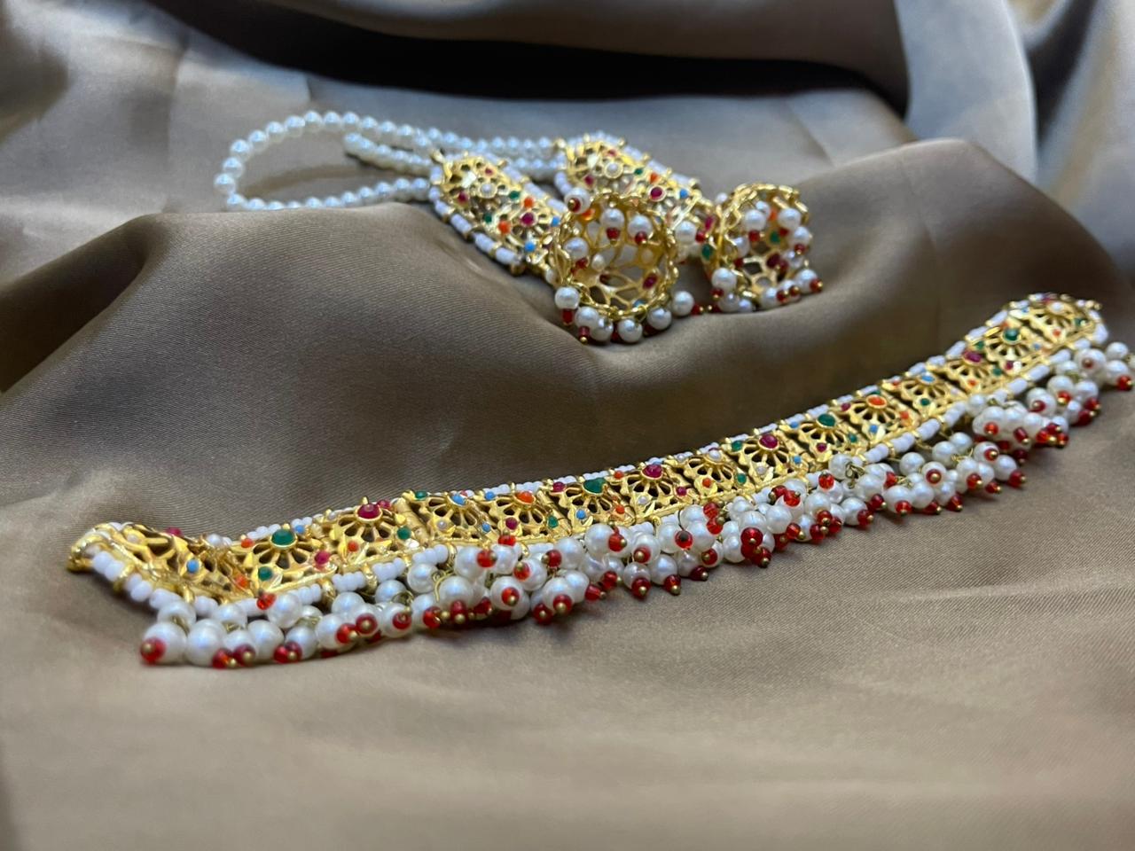 Premium Quality Golden Based Stone Studded Choker Set