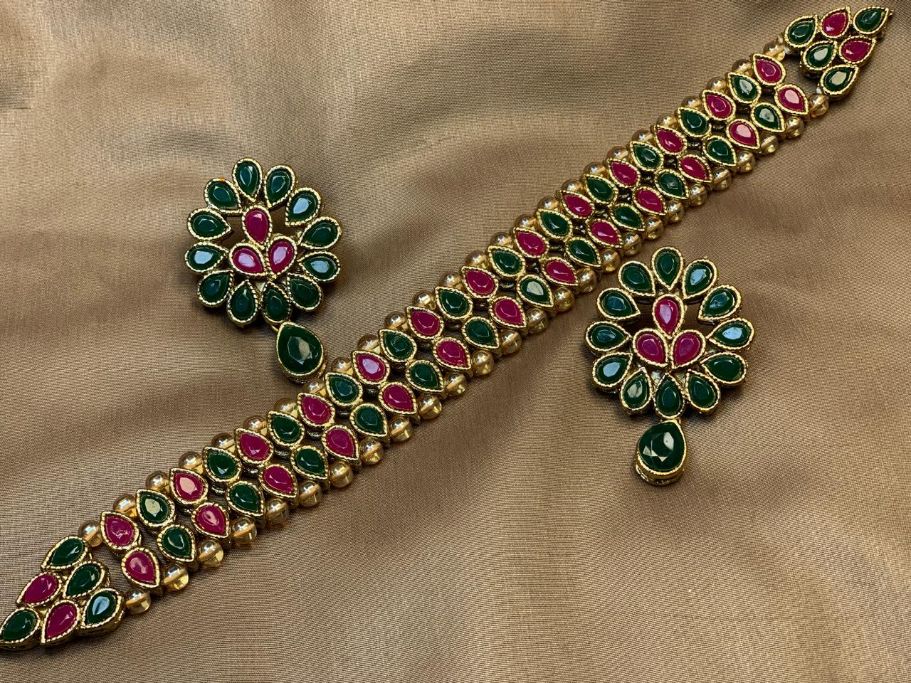Premium Quality Golden Based Kundan And Colour Stone Studded Choker Set