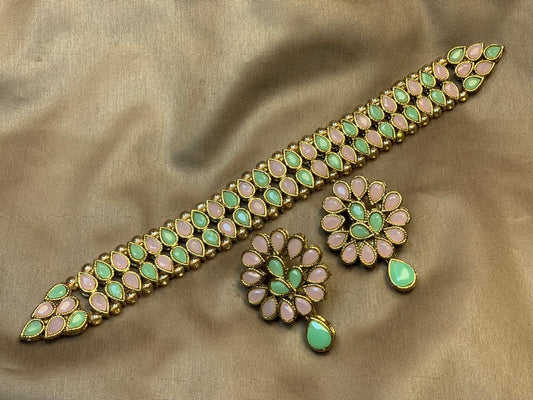 Premium Quality Golden Based Kundan And Colour Stone Studded Choker Set