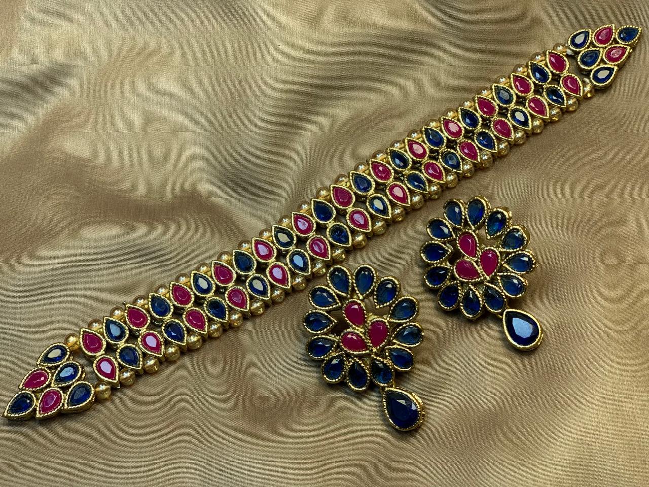 Premium Quality Golden Based Kundan And Colour Stone Studded Choker Set