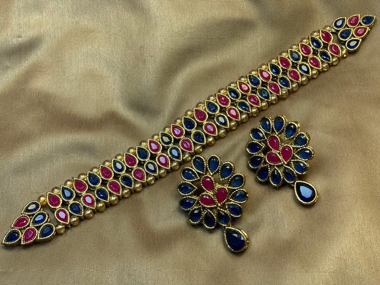 Premium Quality Golden Based Kundan And Colour Stone Studded Choker Set