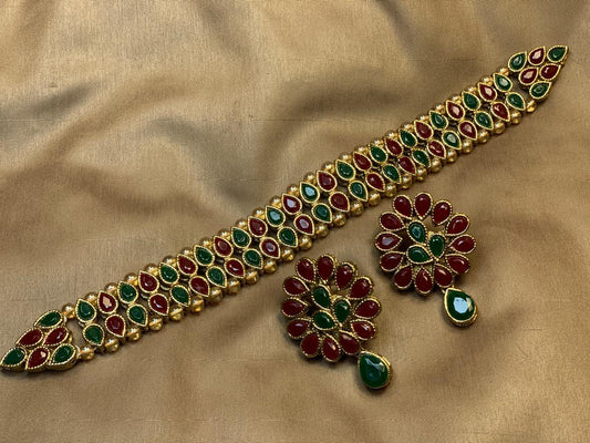Premium Quality Golden Based Kundan And Colour Stone Studded Choker Set