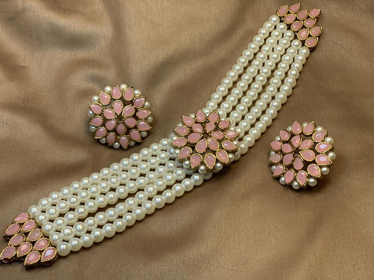 Premium Quality Golden Based Kundan And Colour Stone Choker Set With Pearl Bearings