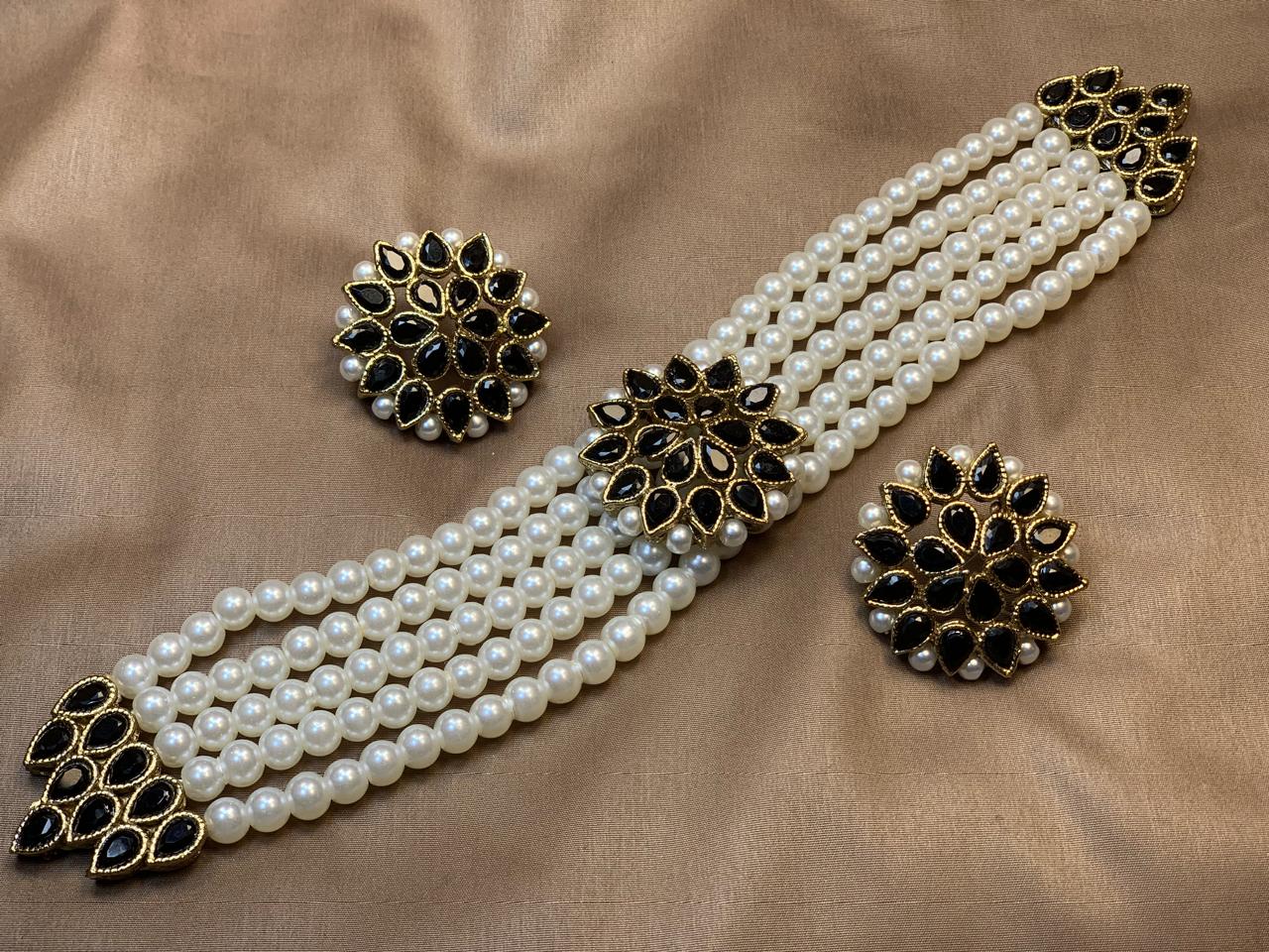 Premium Quality Golden Based Kundan And Colour Stone Choker Set With Pearl Bearings