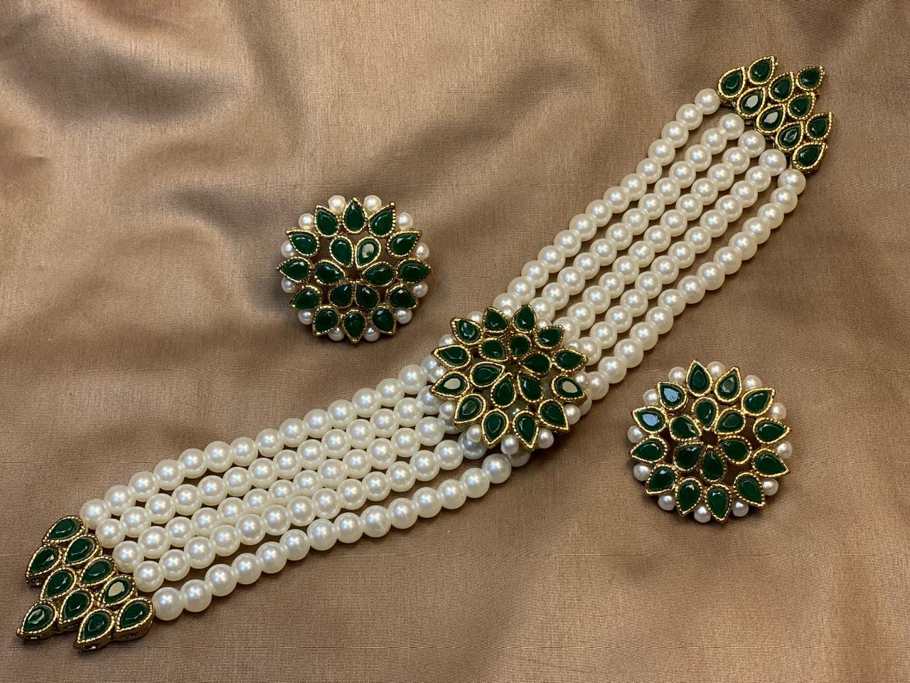 Premium Quality Golden Based Kundan And Colour Stone Choker Set With Pearl Bearings