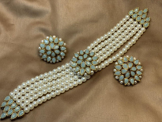 Premium Quality Golden Based Kundan And Colour Stone Choker Set With Pearl Bearings