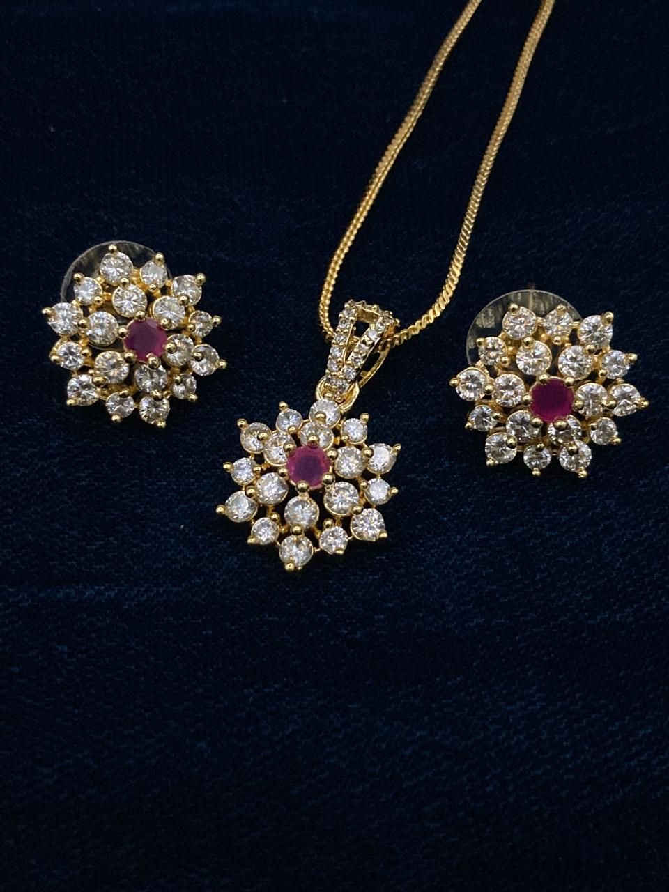 Premium Quality Gold Plated Zircon Studded Pendant Set Along With Mala