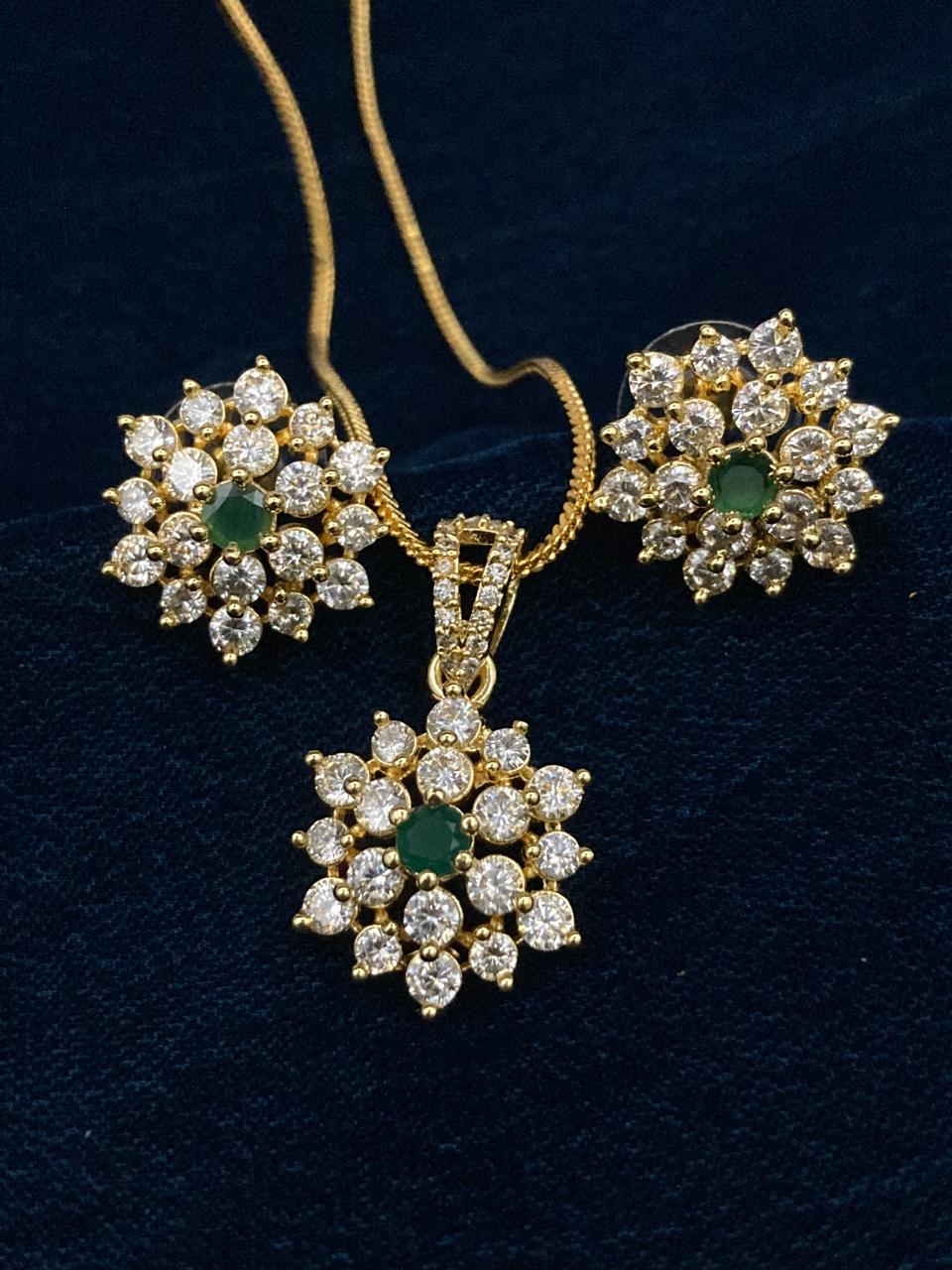 Premium Quality Gold Plated Zircon Studded Pendant Set Along With Mala