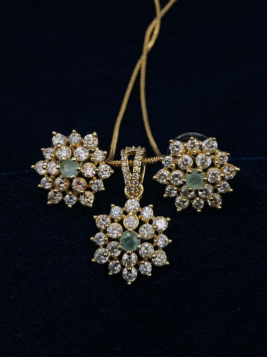 Premium Quality Gold Plated Zircon Studded Pendant Set Along With Mala