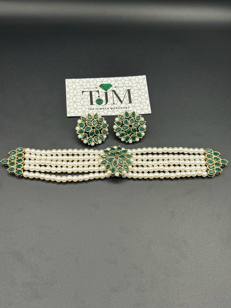 Premium Quality Antique Polish Kundan And Colour Stones, Pearl Beads Choker Set