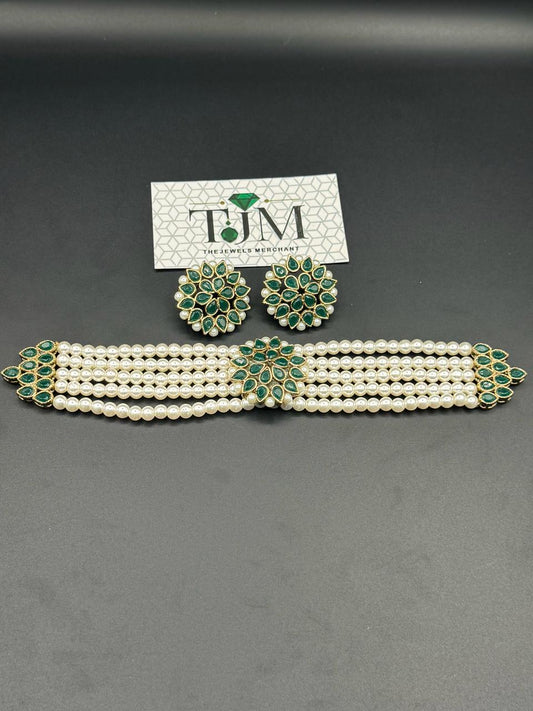 Premium Quality Antique Polish Kundan And Colour Stones, Pearl Beads Choker Set