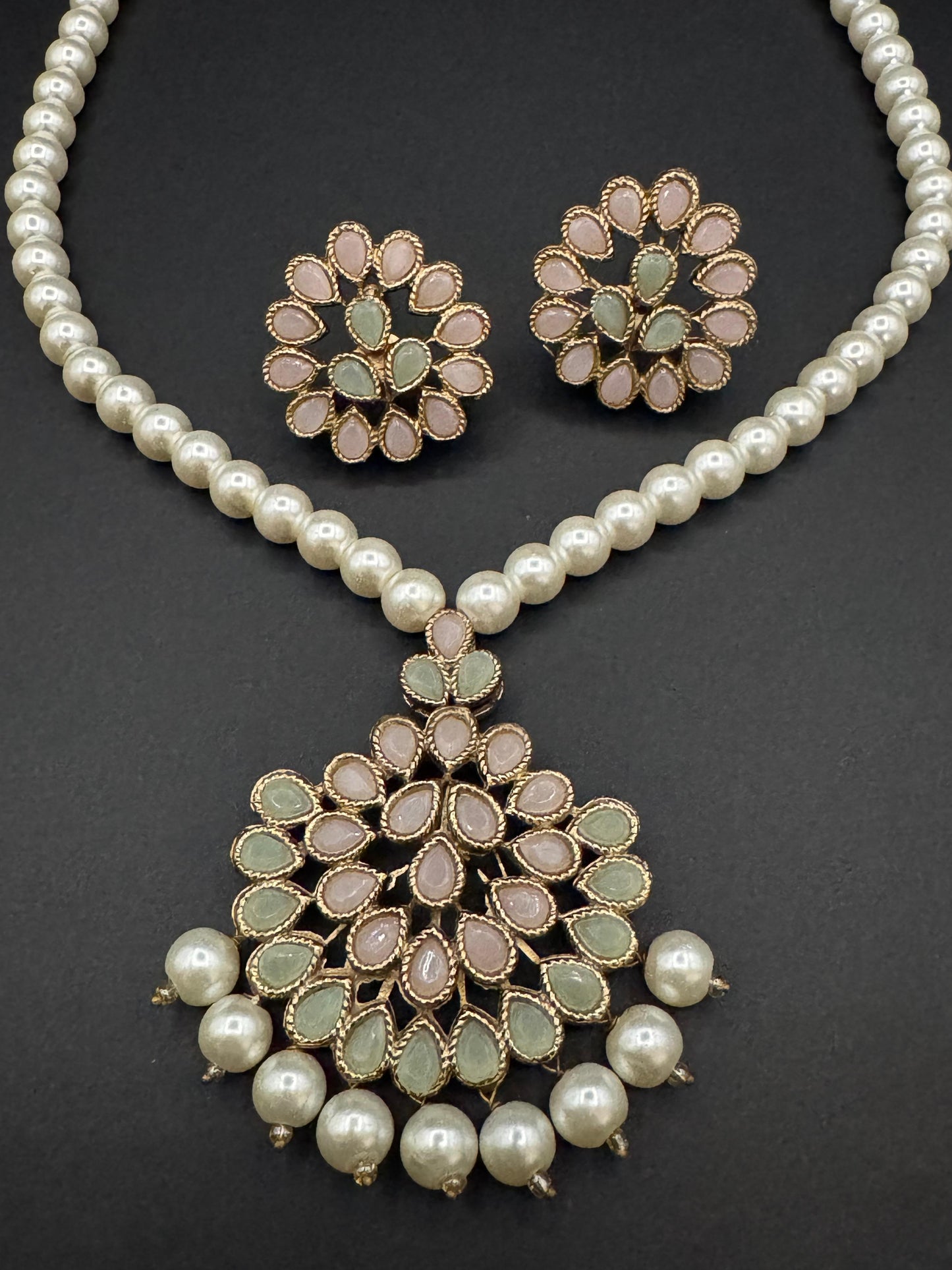 Premium Semi Precious Stone Studded Pearl Mala Set with Elegant Pearls for Weddings & Festive Wear