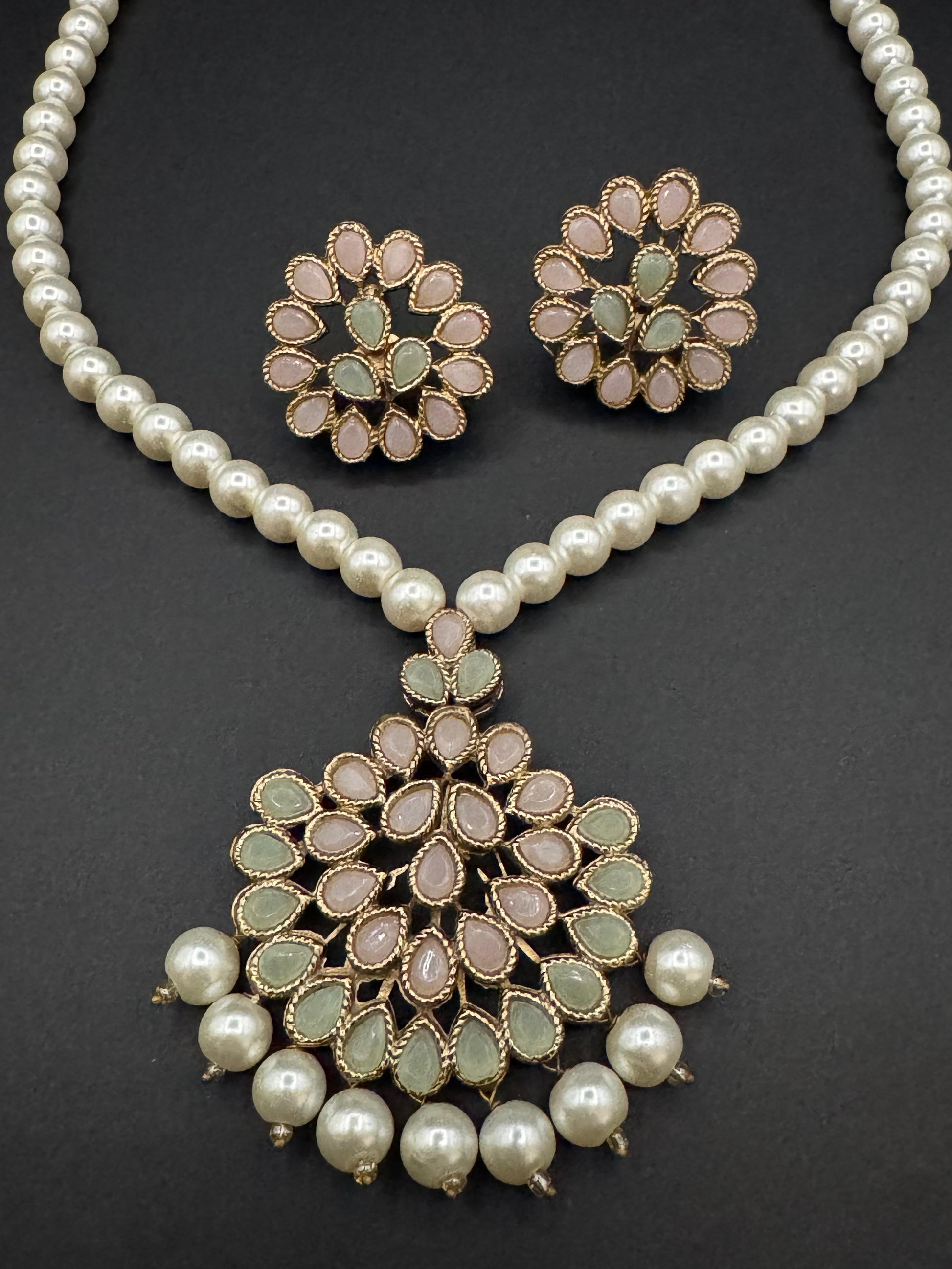 Premium Semi Precious Stone Studded Pearl Mala Set with Elegant Pearls for Weddings & Festive Wear