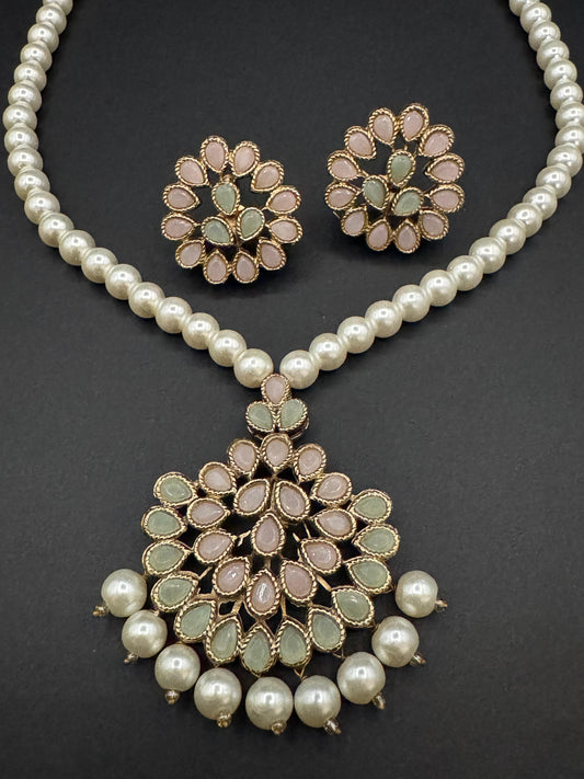 Premium Semi Precious Stone Studded Pearl Mala Set with Elegant Pearls for Weddings & Festive Wear