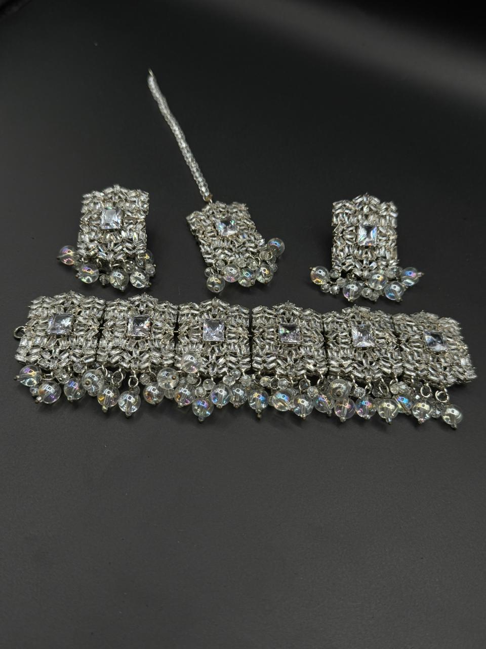 Silver Base Zircon Studded Choker Set | The Jewels Merchant