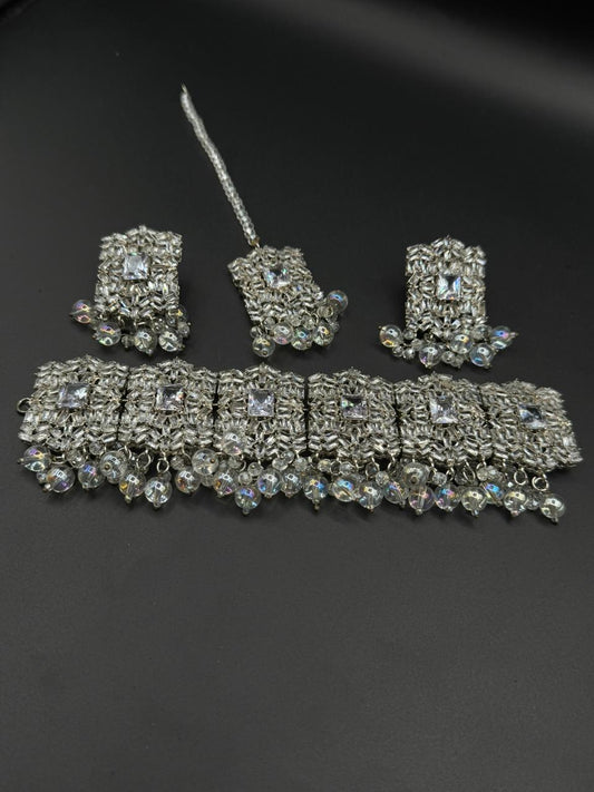 Silver Base Zircon Studded Choker Set | The Jewels Merchant