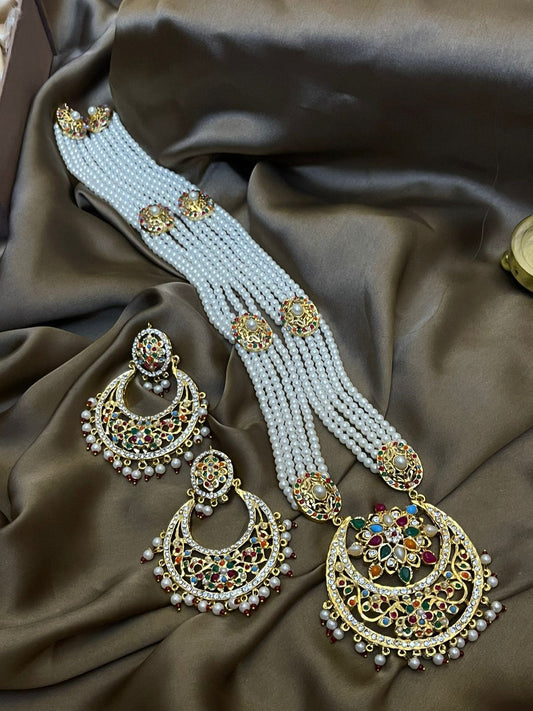 Premium Quality Golden Based stoned Studded Hyderabadi Mala Set
