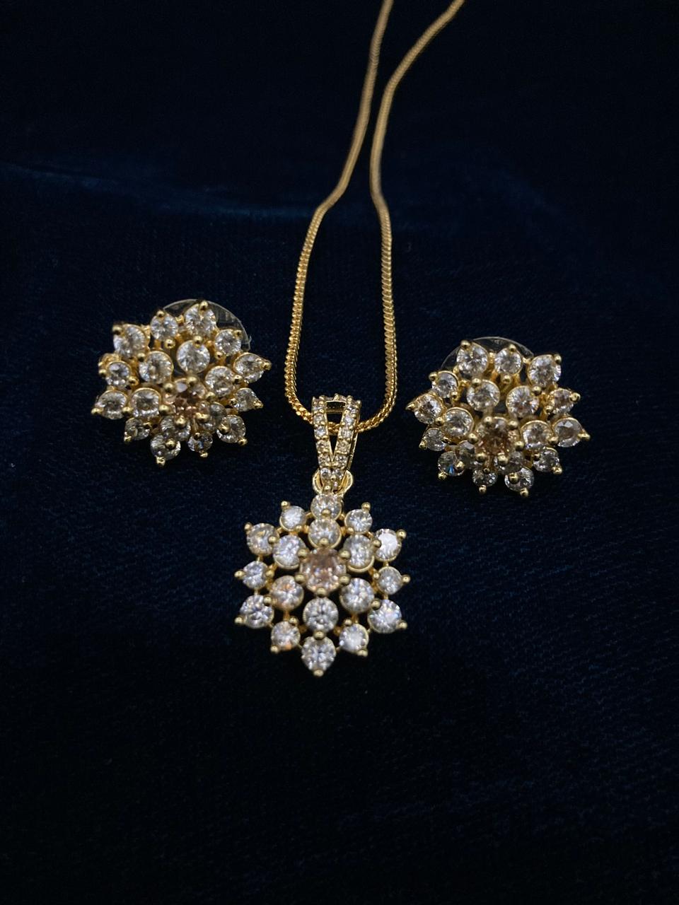Premium Quality Gold Plated Zircons Studded Pendant Set Along With Mala