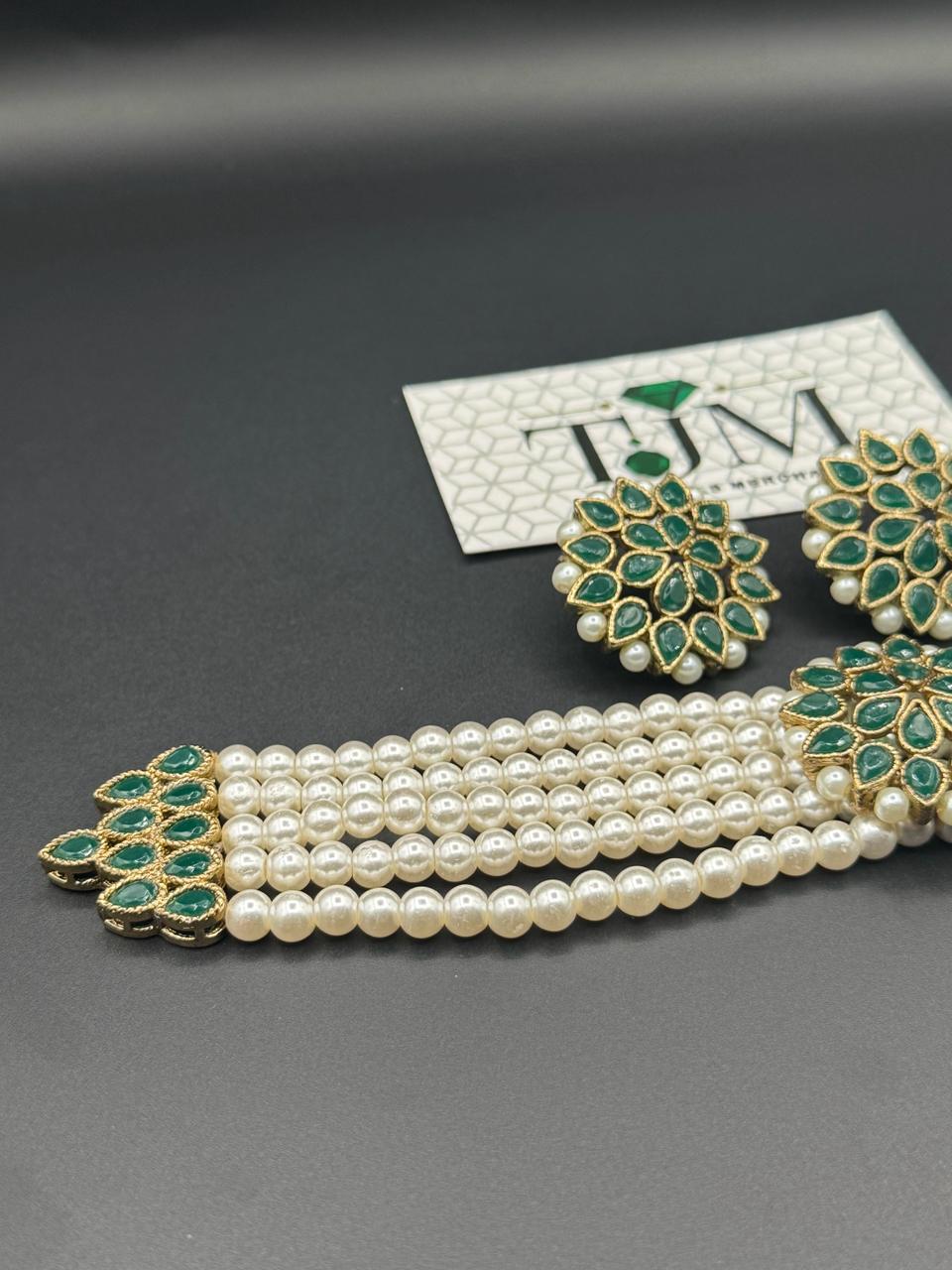 Premium Quality Antique Polish Kundan And Colour Stones, Pearl Beads Choker Set
