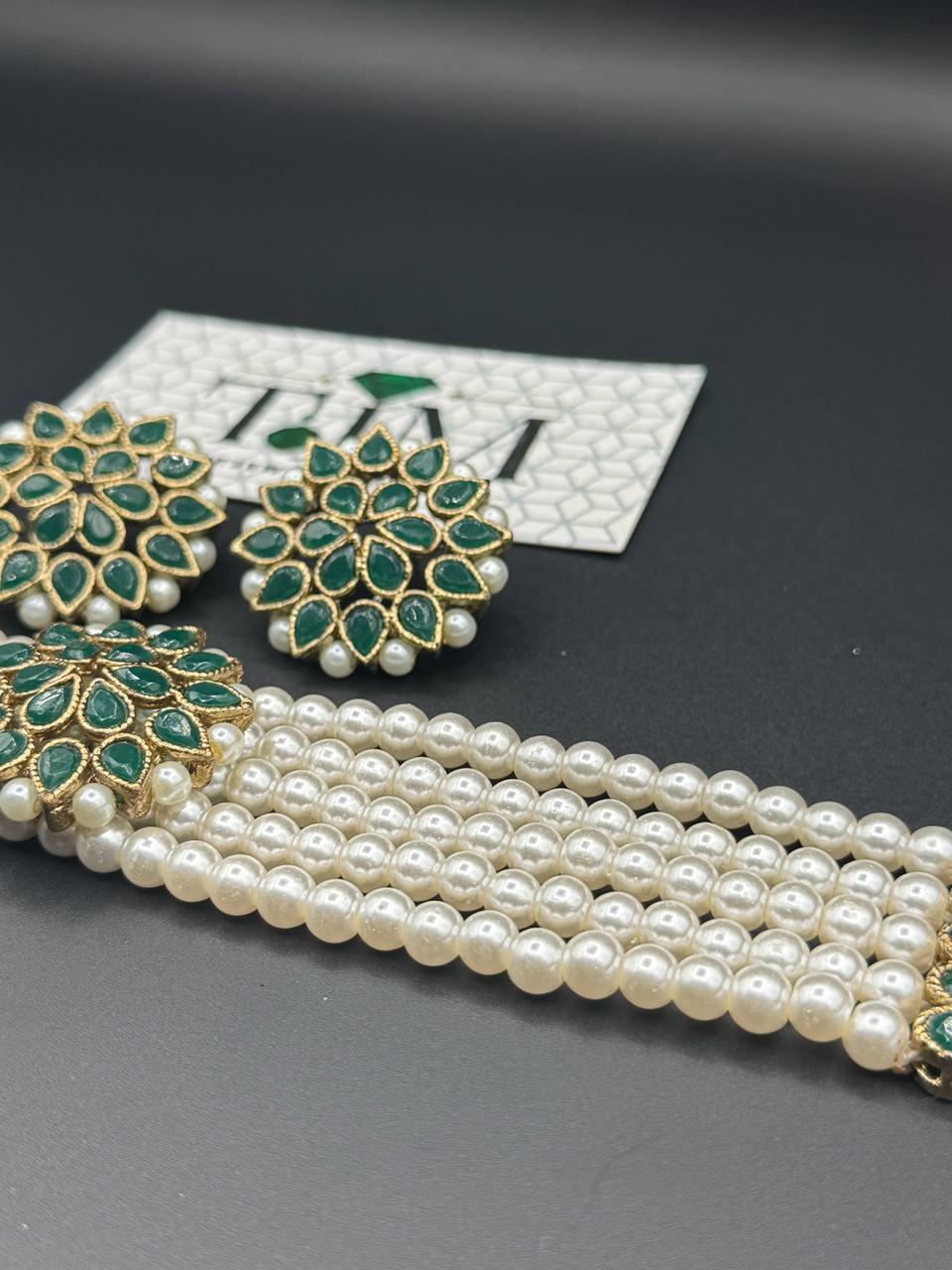 Premium Quality Antique Polish Kundan And Colour Stones, Pearl Beads Choker Set