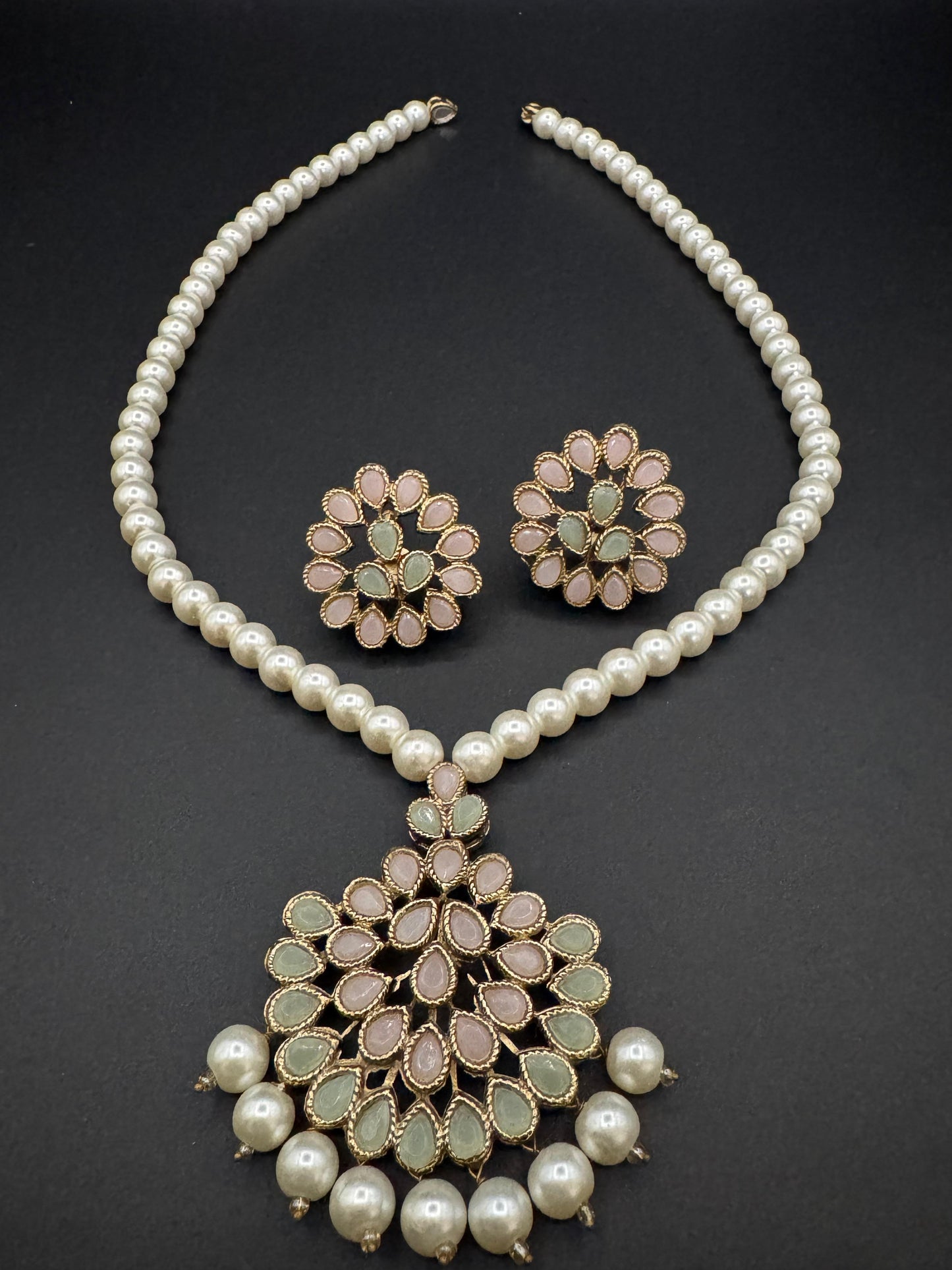 Premium Semi Precious Stone Studded Pearl Mala Set with Elegant Pearls for Weddings & Festive Wear