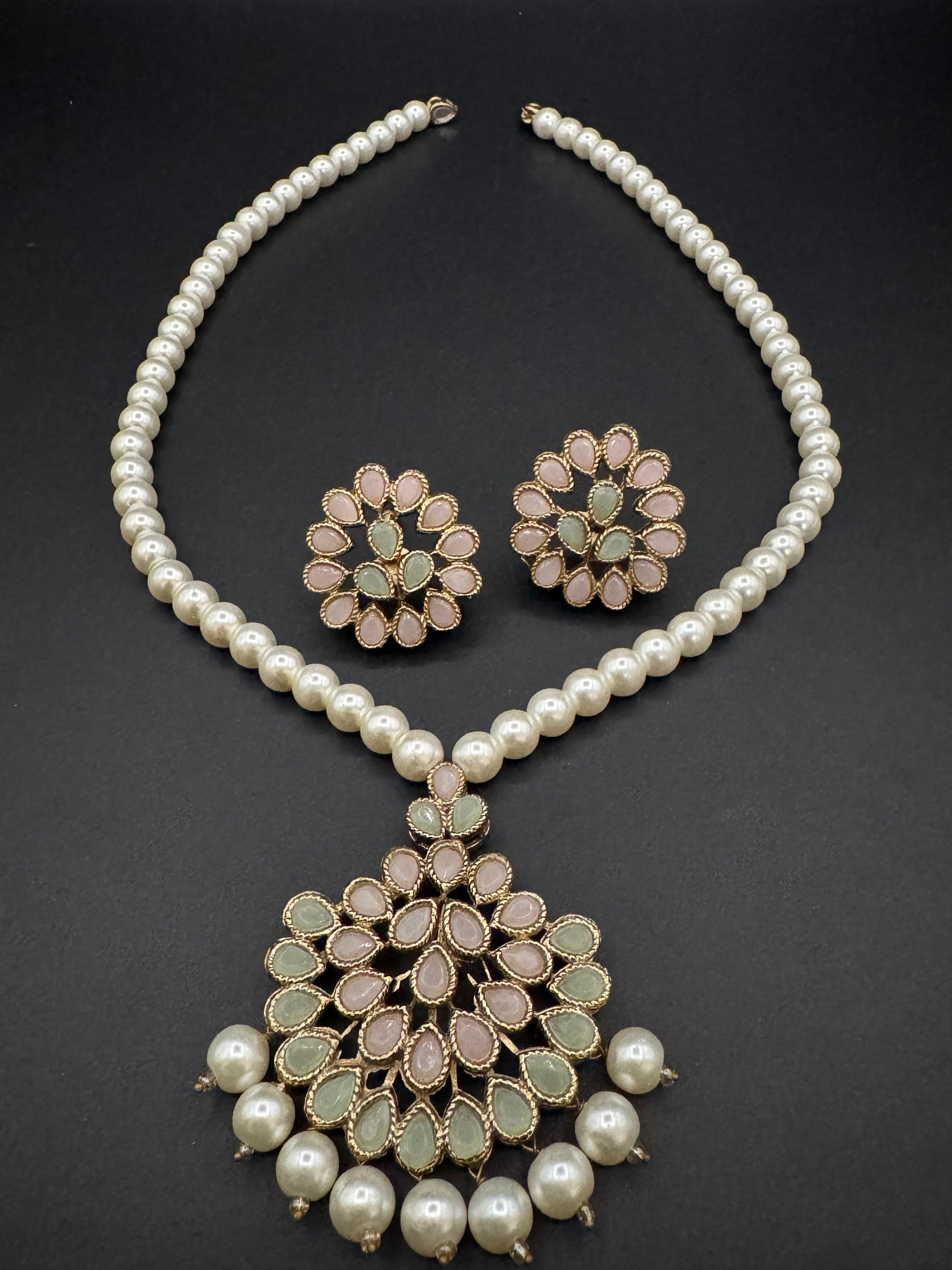 Premium Semi Precious Stone Studded Pearl Mala Set with Elegant Pearls for Weddings & Festive Wear