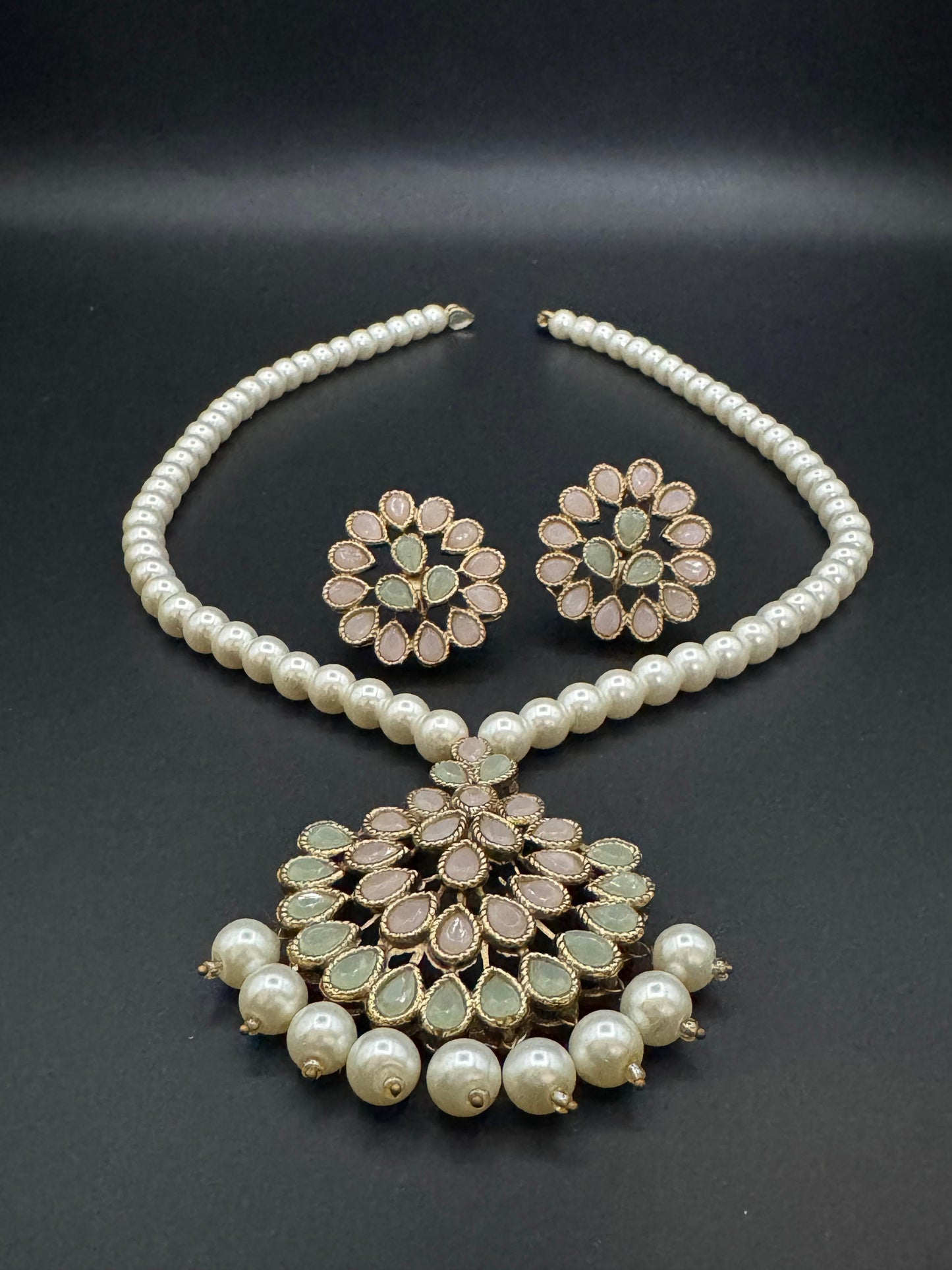 Premium Semi Precious Stone Studded Pearl Mala Set with Elegant Pearls for Weddings & Festive Wear