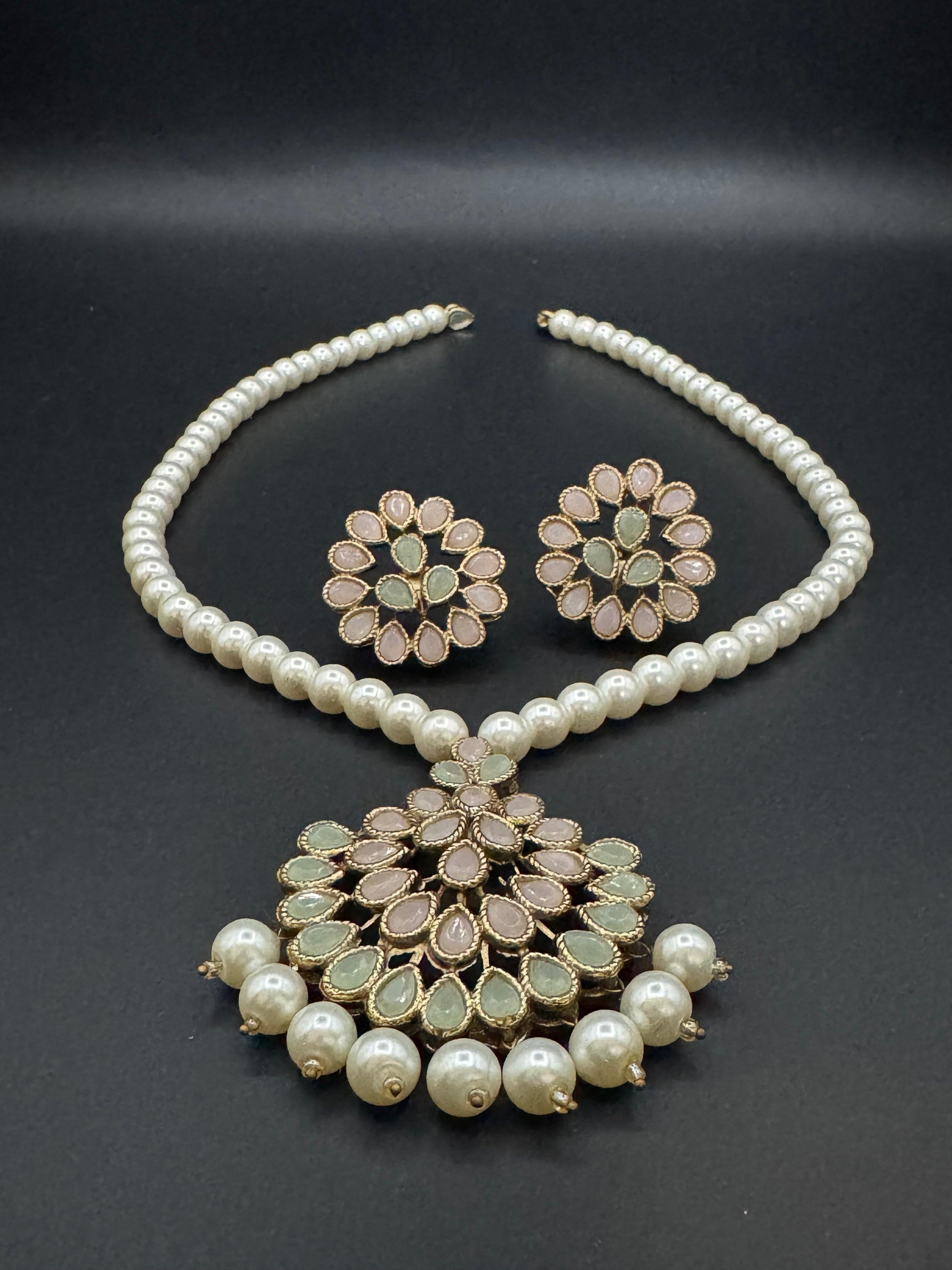 Premium Semi Precious Stone Studded Pearl Mala Set with Elegant Pearls for Weddings & Festive Wear