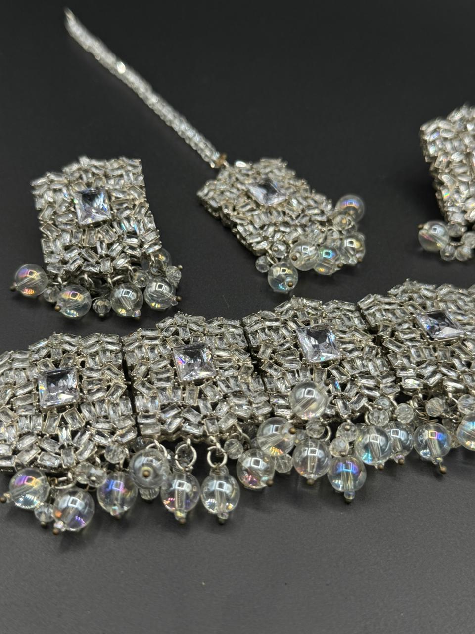 Silver Base Zircon Studded Choker Set | The Jewels Merchant